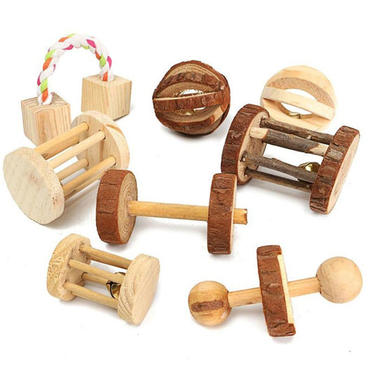 Cute Natural Wooden Rabbits Toys Pine Dumbells Unicycle Bell Roller